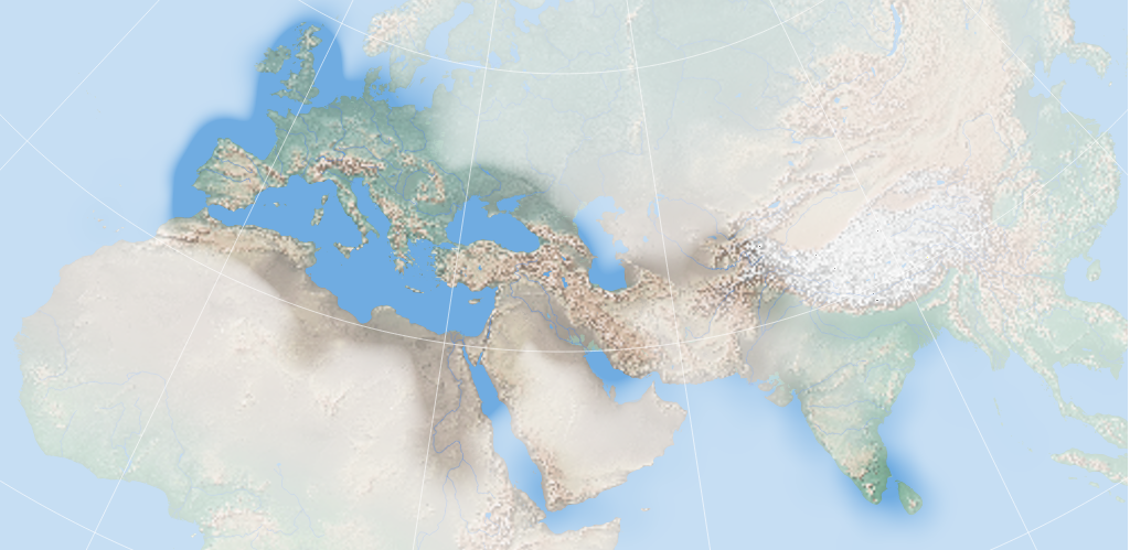 Map of most of Asia, Africa, and Europe. The landscape is rendered in color and shows flat and mountainous areas and major rivers and bodies of water, but much of the map is obscured as if seen through heavy fog; however the landscape is seen clearly in Western Europe, North Africa, The Nile Valley, and Southwest Asia while it is only partially obscured in Central Asia, the Southern Red Sea and Horn of Africa and the Indian Subcontinent.
