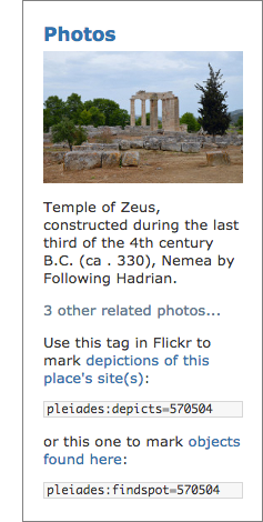 The Pleiades Flickr Portlet, as seen on the Nemea page. The portrait photo, by Carole Radato, depicts the Temple of Zeus at Nemea.
