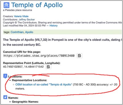 A screen capture of a Pleiades place page that includes a "Locations" subheading, and under that subheading another subheading that reads "Representative Locations" and under that subheading a single bullet item that reads "OSM location of so-called "Tempio di Apollo" (750 BC - AD 300) accuracy: +/- 20 meters."