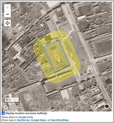 Satellite photo map showing excavated area of central Pompeii. The remains of the temple are outlined by a yellow rectangle with rounded corners and, within that, a more precise blue rectangle with an orange dot in the center.